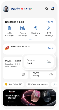 Paytm app home screen: tap Save in Gold.